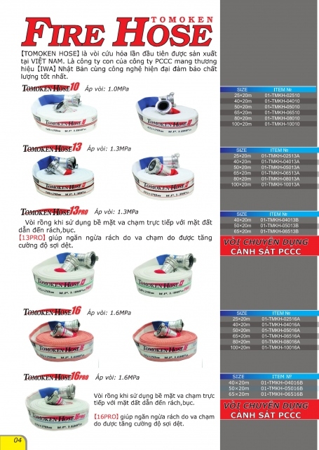 VÒI CHỮA CHÁY D50,D65 DÀI 20M,30M TOMOKEN-NHẬT BẢN ÁP LỰC 10KG,13KG,16KG