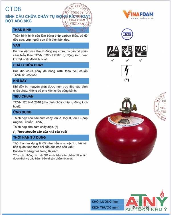 Bình cầu treo trần tự động vinafoam 6kg 8kg bột abc