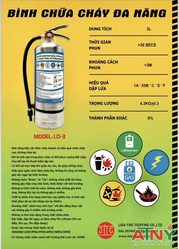 Bình chữa cháy đa năng 3kg 3lit gốc nước abcdef vỏ bình inox 304