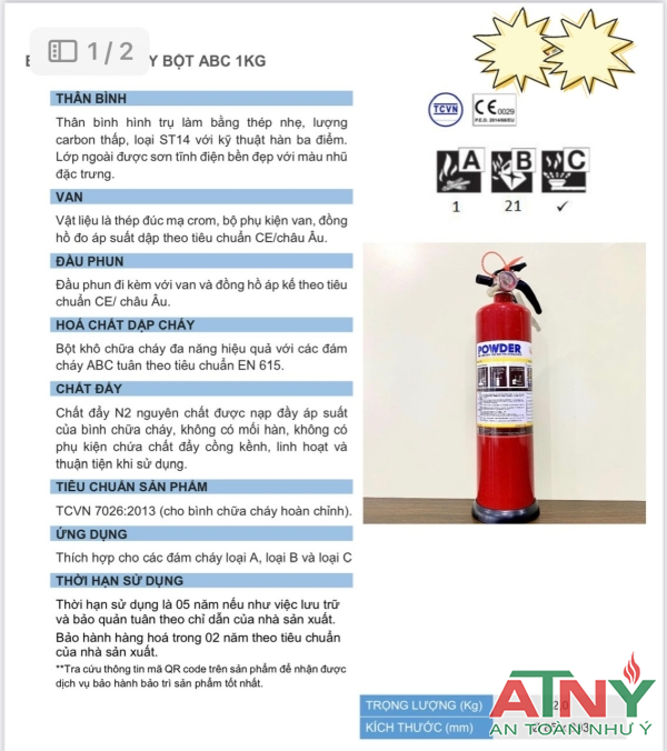 Bình chữa cháy xách tay mini bột abc 1kg kiểm định cấp tem PCCC năm 2023