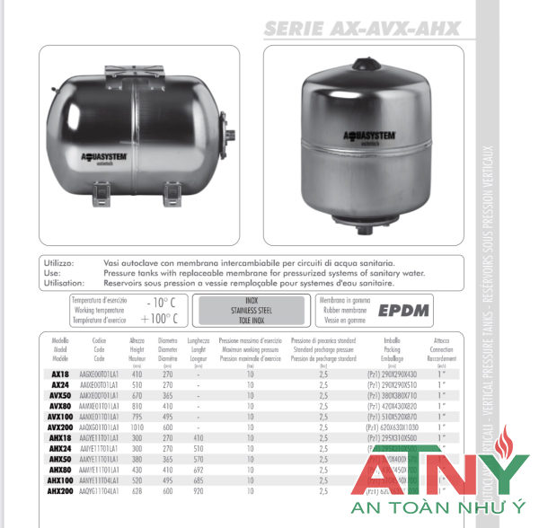 BÌNH TÍCH ÁP ĐIỀU ÁP Aquasystem INOX 304 24L,50L,100L,200L