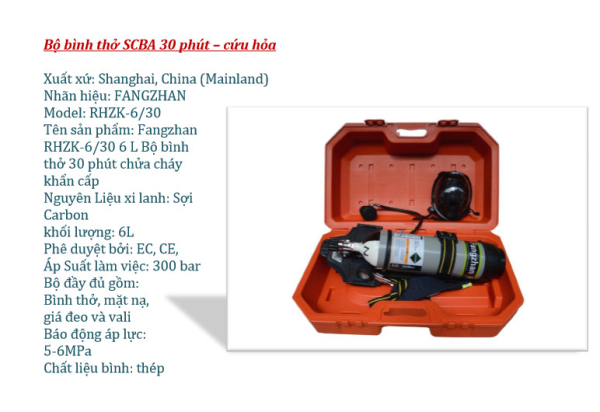 BỘ BÌNH THỞ DƯỠNG KHÍ VÀ MẶT NẠ PHÒNG ĐỘC TRUNG QUỐC SCBA RHZK6/30
