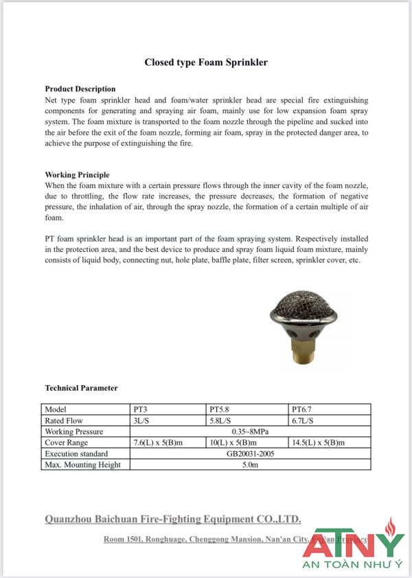 Catalogue đầu phun foam dạng kín thủy ngân