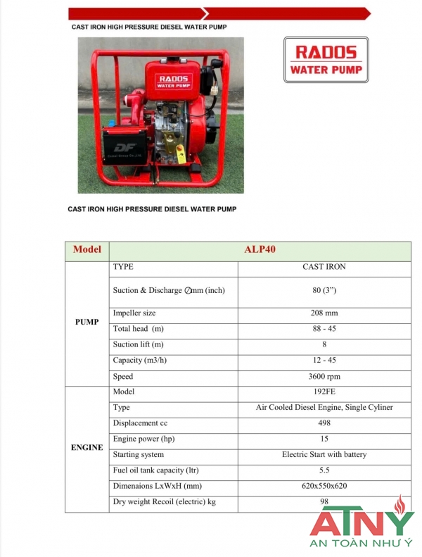 Catalogue thông số bơm diesel 15hp có kiểm định tem pccc