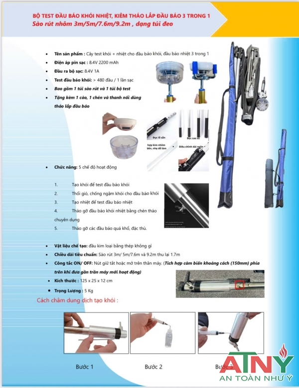 Gía bộ test đầu báo khói báo nhiệt tháo dài 3m 5m 7,6m 9,2m