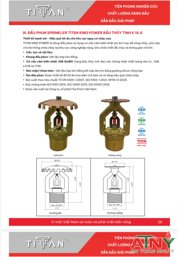 K16.8 đầu phun titan sprinkler phản ứng nhanh