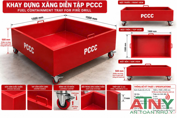 Kích thước khay chứa xăng dầu diễn tập pccc kèm bánh xe đẩy