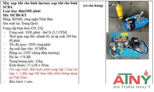 Thông số kỹ thuật bộ máy nạp khí oxy cho bình thở và thợ lặn