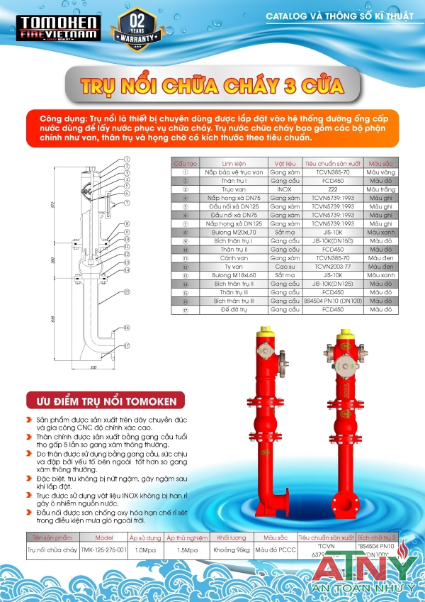 Trụ chữa cháy 3 cửa 3 họng tomoken đã kiểm định cấp tem PCCC
