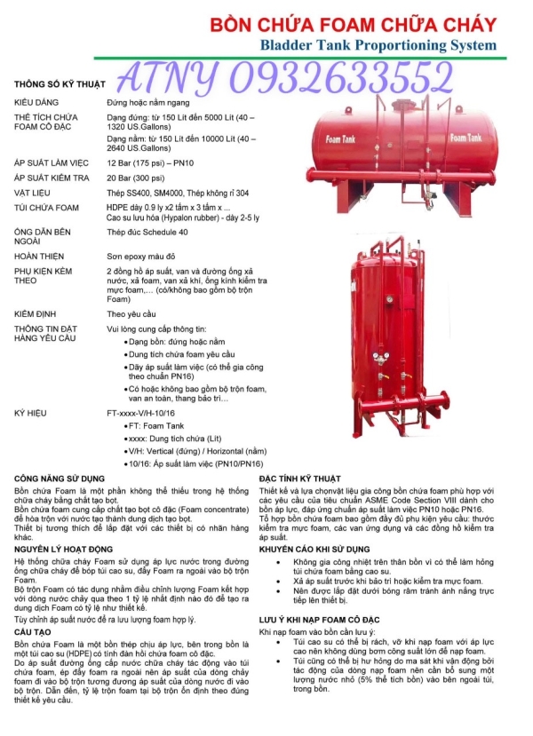 THÔNG SỐ KỸ THUẬT BỒN CHỨA PHOAM DẠNG ĐỨNG VÀ NẮM